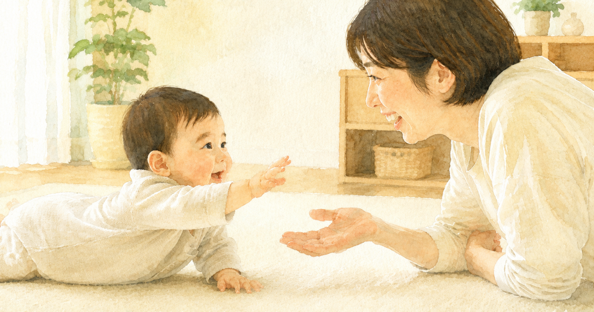 床のマットで、大人と視線を合わせながら手を伸ばしてやりとりする0歳の赤ちゃんの水彩イラスト