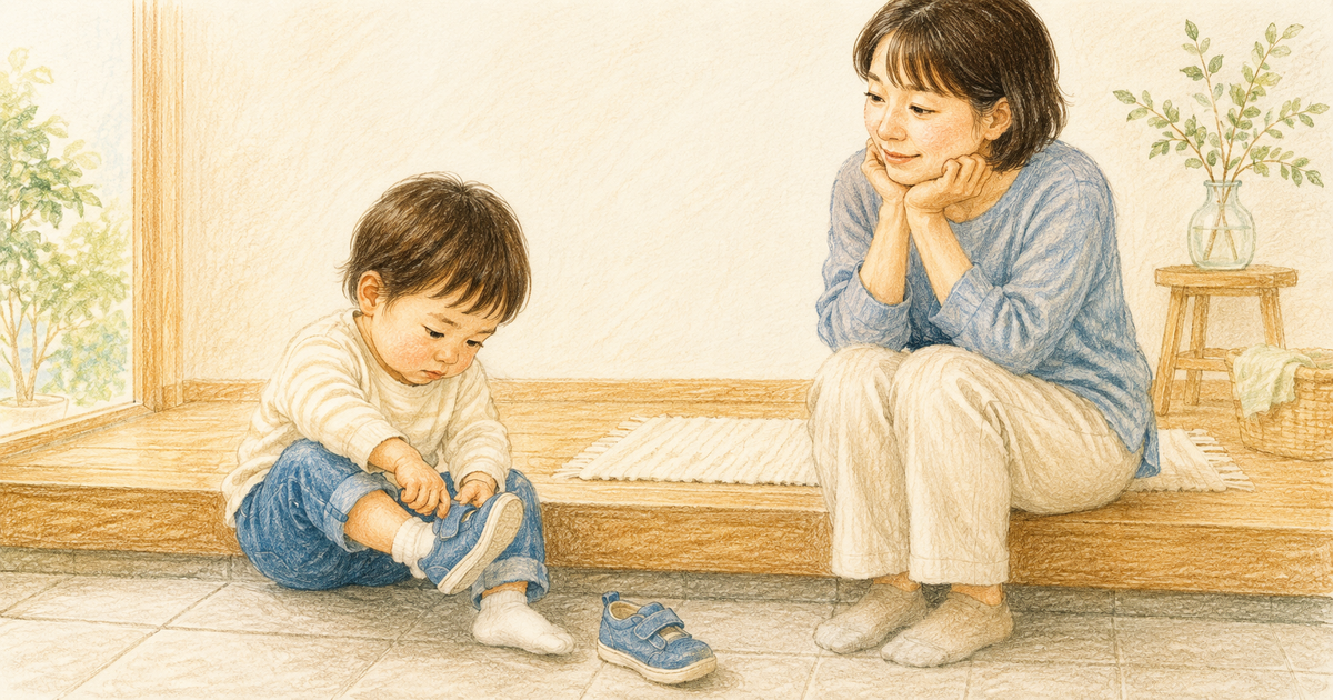 玄関で自分で靴を履こうとする2歳児を、そばで急かさず見守る大人のクレヨン画