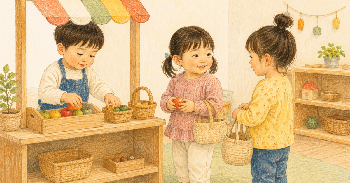 お店屋さんのごっこ遊びで店員と客の役になり、やり取りする3歳児3人のクレヨン風イラスト