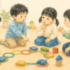 ルールのある遊びを相談しながら進める4歳児4人のクレヨン画