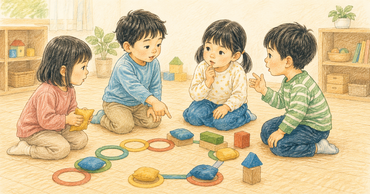 ルールのある遊びを相談しながら進める4歳児4人のクレヨン画