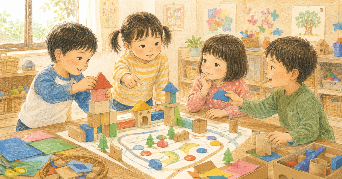 共同制作をしながら遊びのルールを相談する5～6歳の子どもたちのクレヨン画