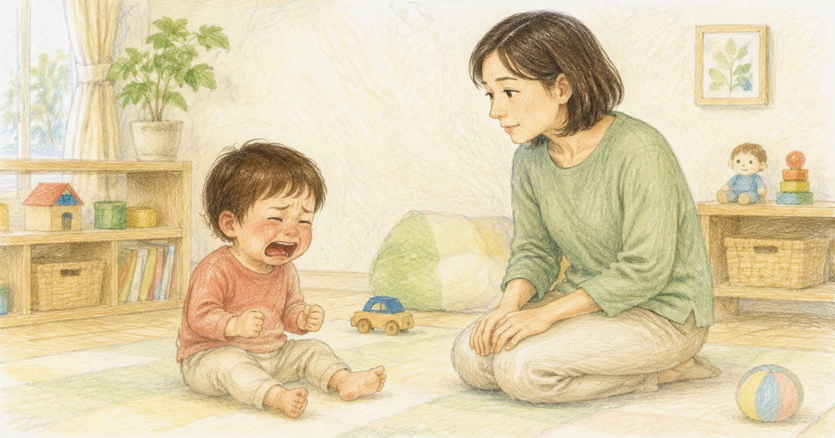 癇癪を起こして泣く幼児のそばで、落ち着いて安全を見守る大人のクレヨン画
