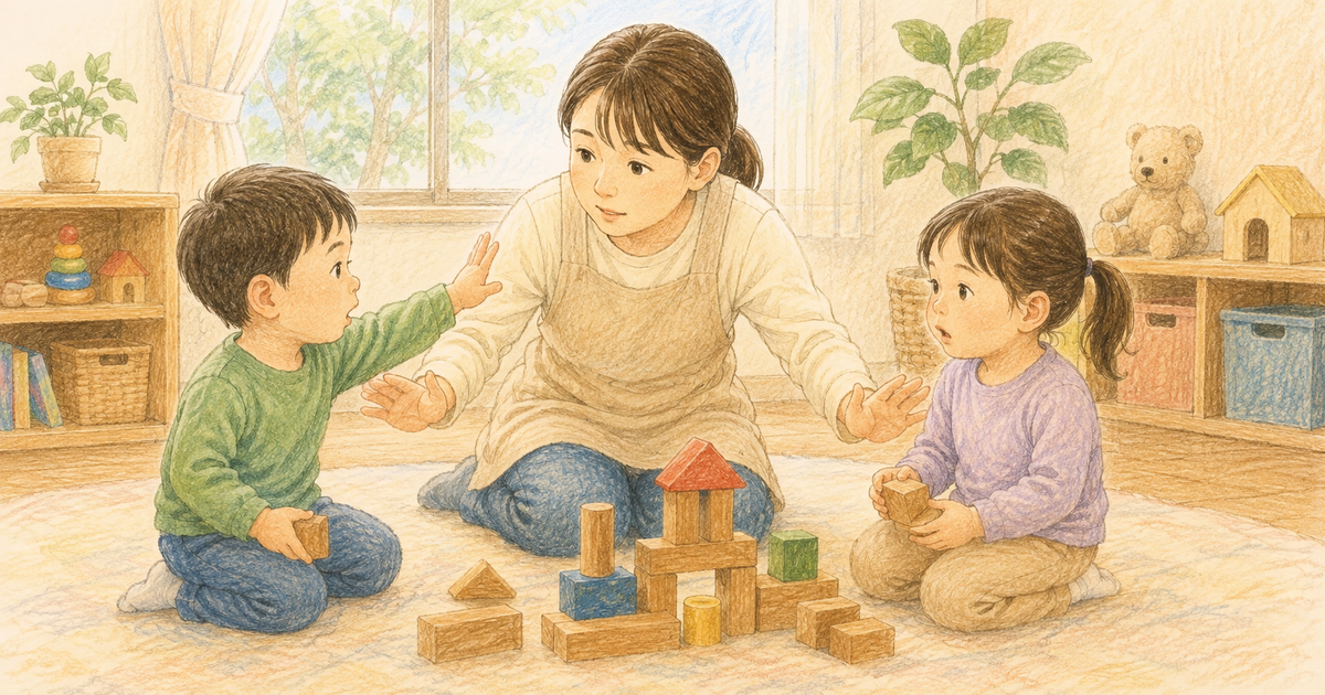 おもちゃをめぐる子ども同士の衝突で、双方の安全を確保する大人