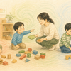 気持ちを整えようとする子どもを、少し離れて穏やかに見守る大人