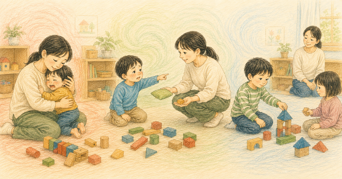気持ちを整えようとする子どもを、少し離れて穏やかに見守る大人