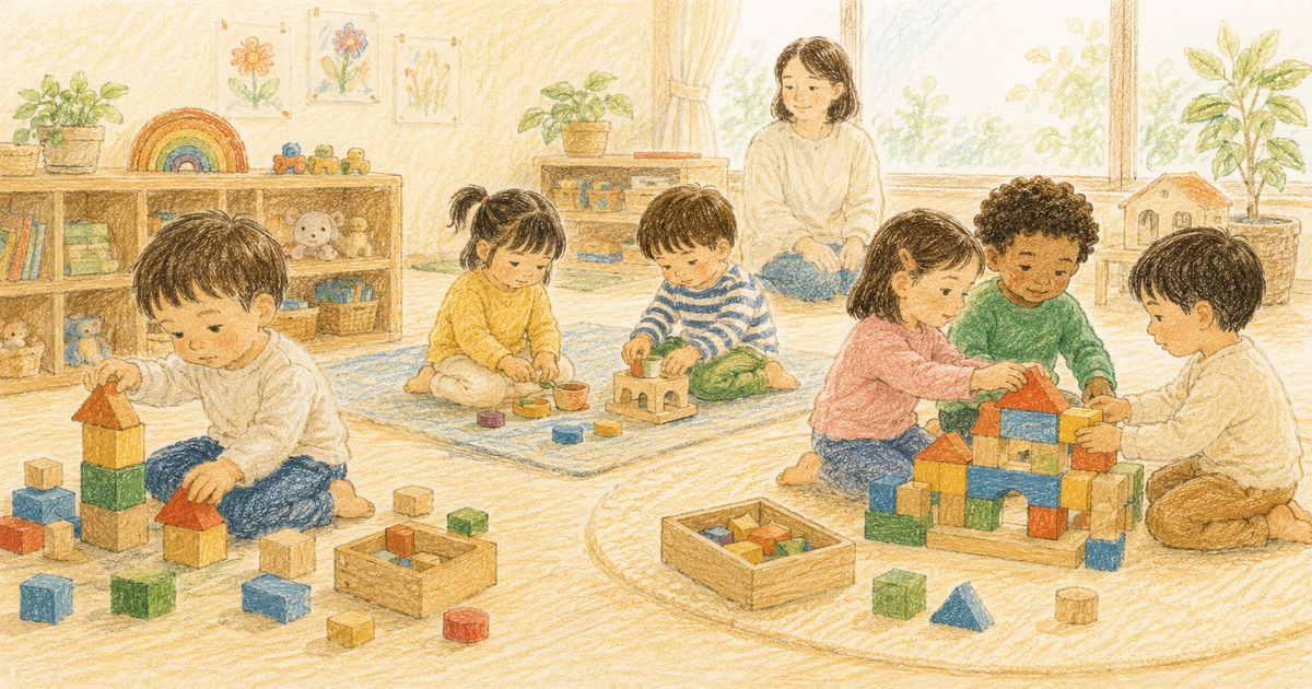 保育室で一人遊び、並行遊び、共同遊びをする子どもたちを大人が見守る