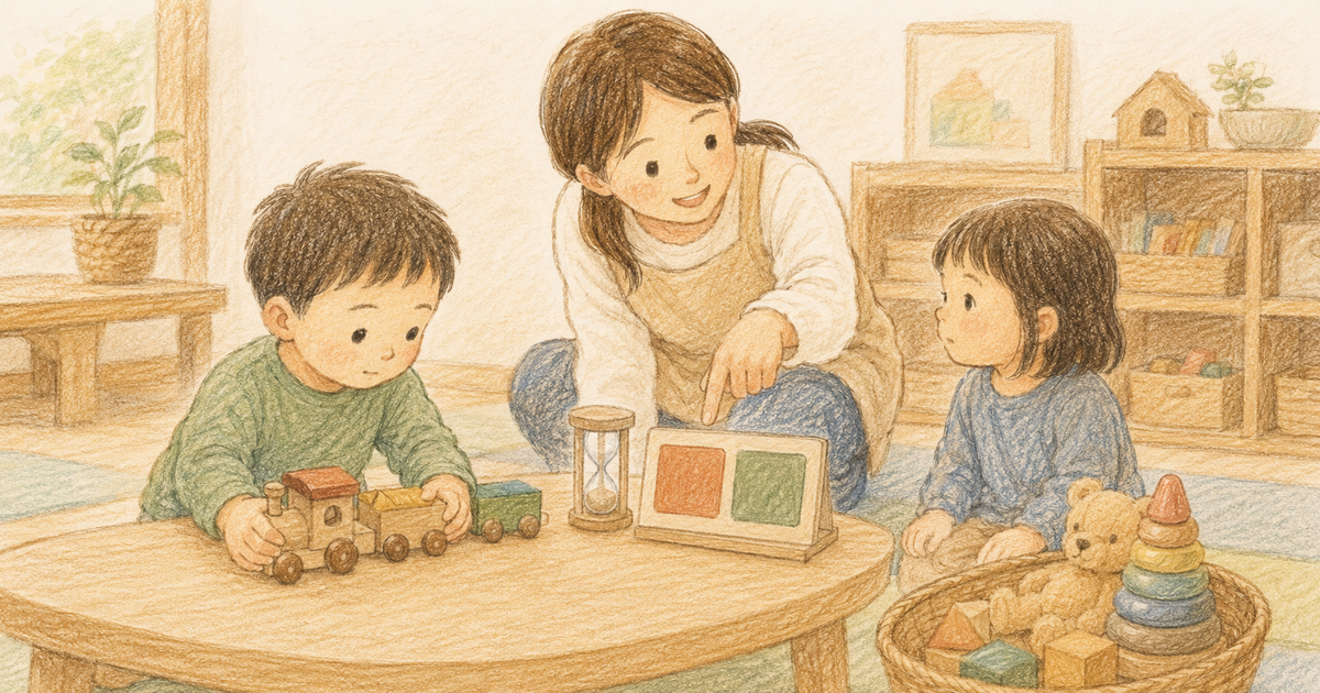 木の電車で遊ぶ子どもと、順番を待つ子どもを大人が砂時計やカードで支える様子
