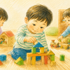 積み木で一人遊びを楽しむ子と、近くで穏やかに遊ぶ子どもたちのクレヨン画