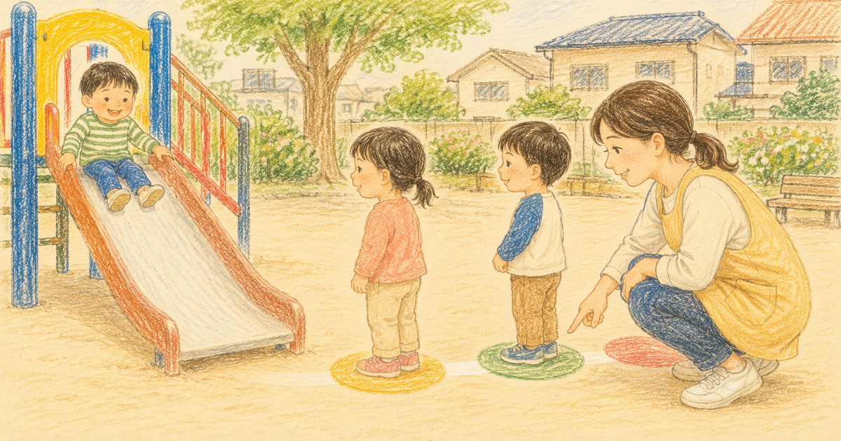 滑り台の順番を示す色付きの印に並び、大人に見守られながら待つ子どもたち