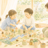 積み木や自然素材で町を作りながら試し、話し合う幼児と、そばで見守る大人のクレヨン画