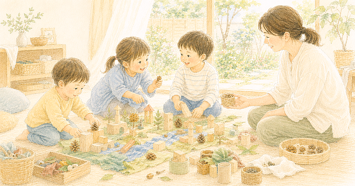 積み木や自然素材で町を作りながら試し、話し合う幼児と、そばで見守る大人のクレヨン画