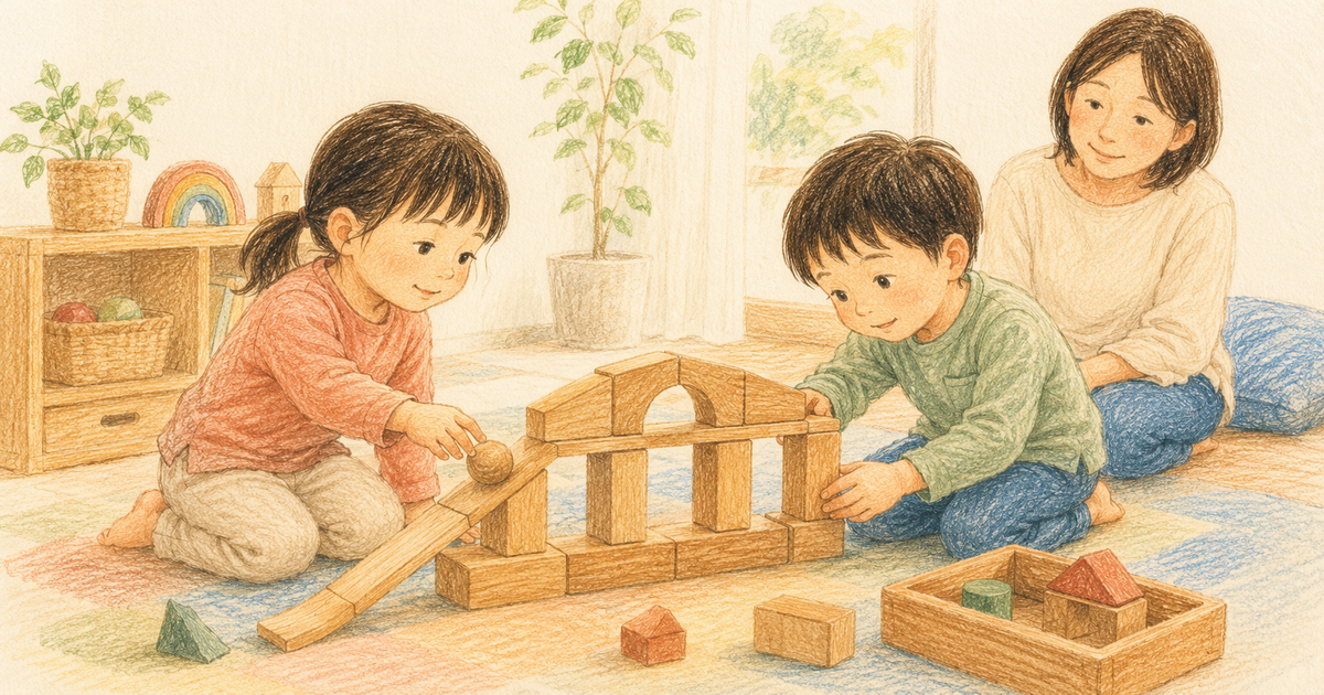積み木の橋を作り、球を転がして試しながら考えを伝え合う幼児二人を、大人が穏やかに見守るクレヨン画