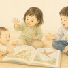 開いた絵本を囲み、指さしや身振り、会話で伝え合う0～5歳の子どもたちのクレヨン画