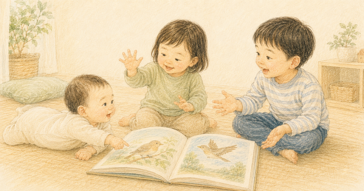 開いた絵本を囲み、指さしや身振り、会話で伝え合う0～5歳の子どもたちのクレヨン画