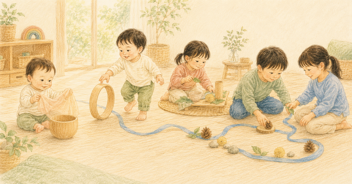 布や木の輪、見立て遊び、友達との共同遊びをそれぞれ楽しむ0～6歳の子どもたち