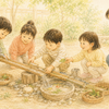 水路を工夫しながら友達や保育者と遊びを深める幼児たちのクレヨン画