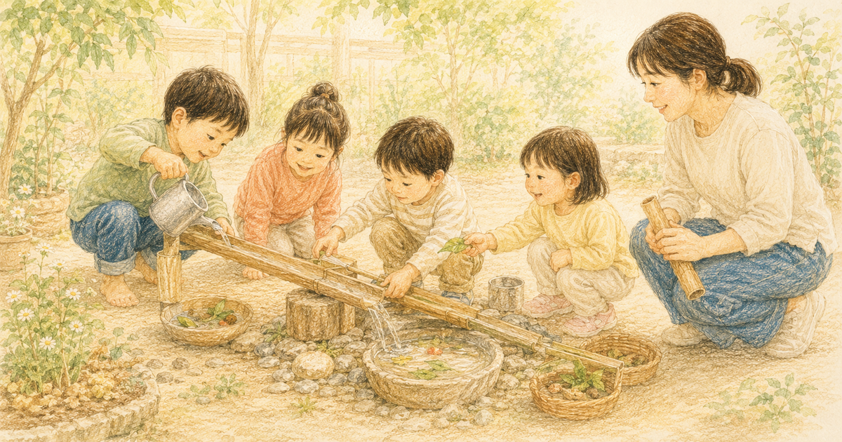 水路を工夫しながら友達や保育者と遊びを深める幼児たちのクレヨン画