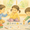 遊びの中で順番を待ったり積み木の組み方を考え直したりする幼児たちを描いた温かなクレヨン画
