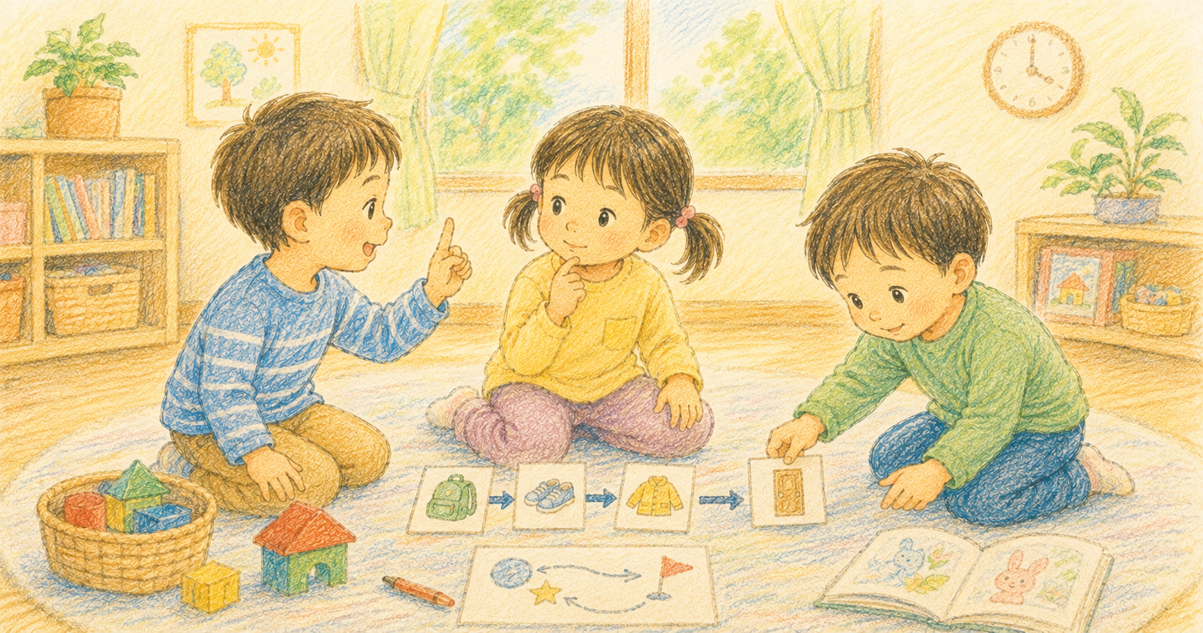 遊びの中で順番を待ったり積み木の組み方を考え直したりする幼児たちを描いた温かなクレヨン画