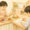 ごっこ遊びで果物の数を確かめたり、絵のメニューを描いたりする幼児