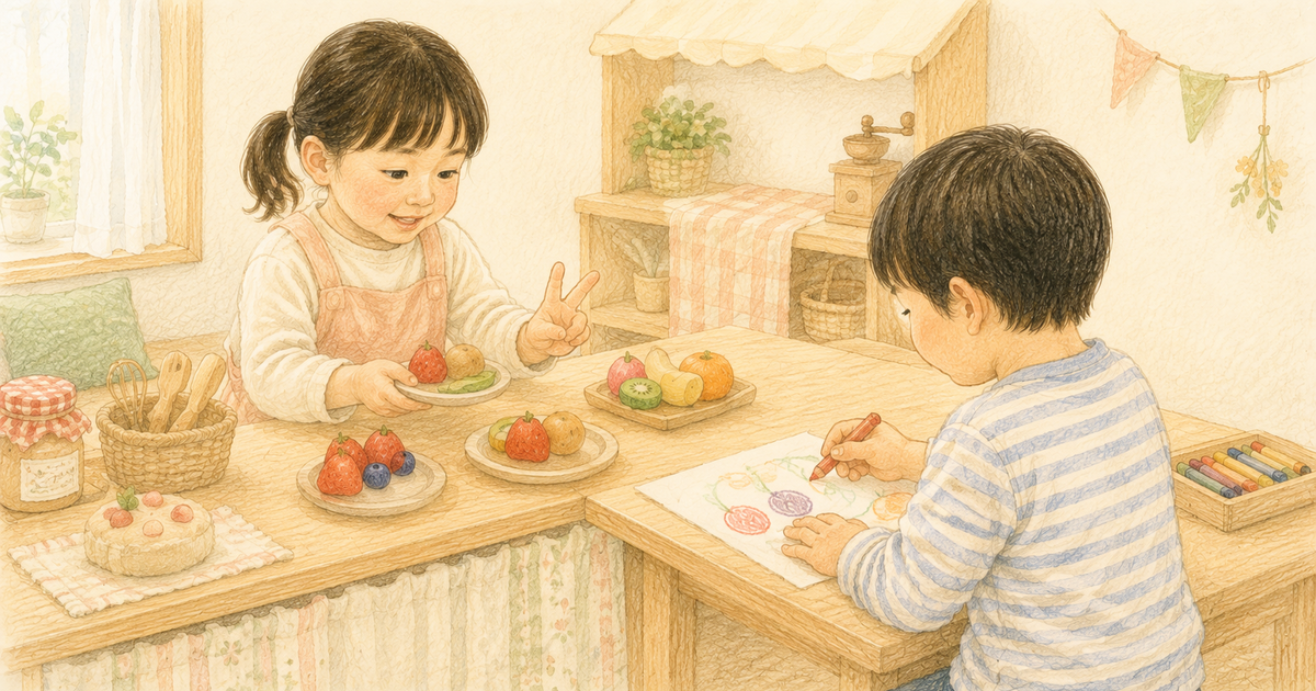 ごっこ遊びで果物の数を確かめたり、絵のメニューを描いたりする幼児