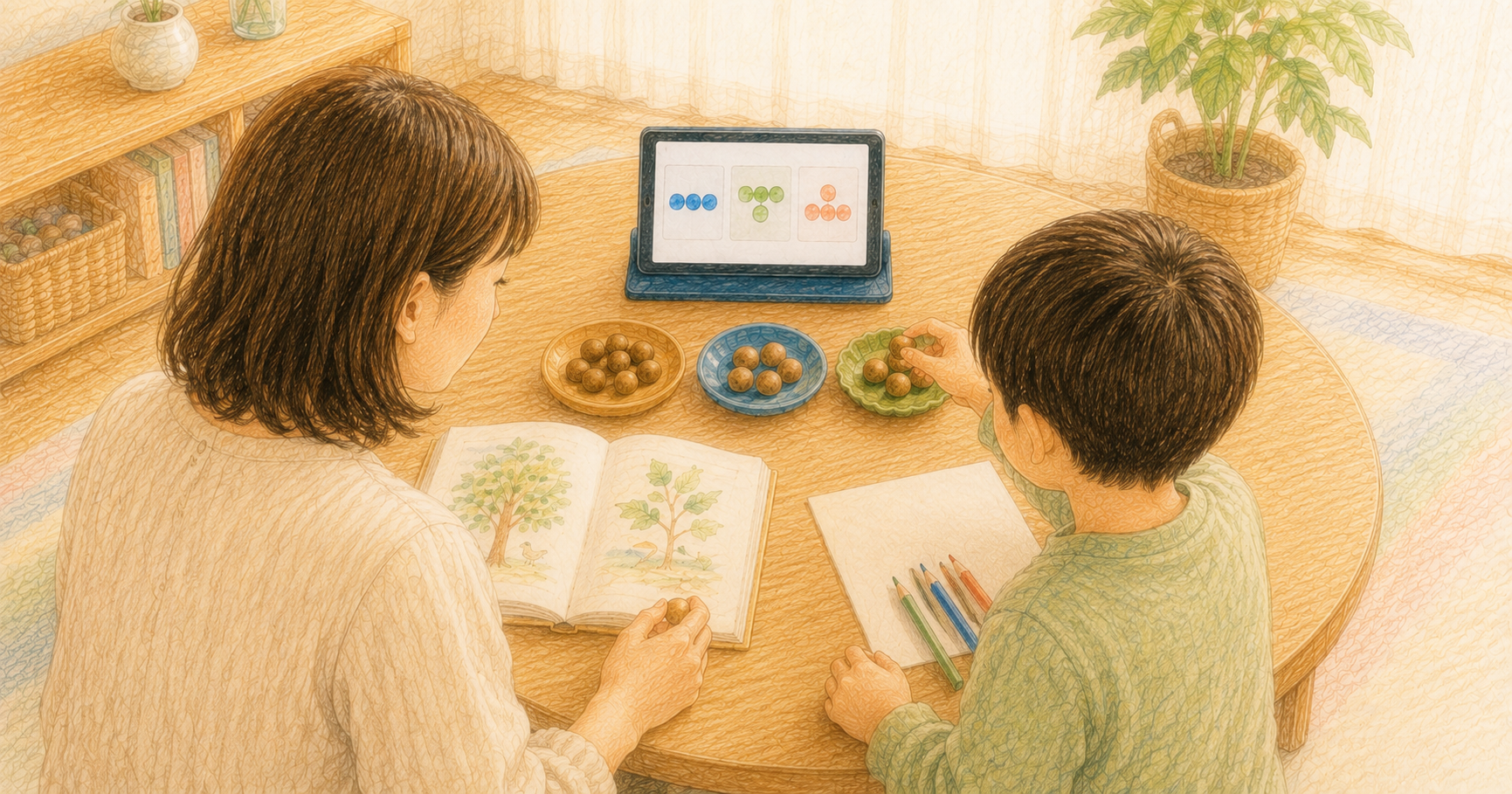 タブレットの丸印を見ながら木の実を小皿に分ける幼児と保護者のクレヨン画