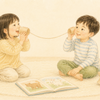 紙コップ電話で言葉のやりとりを楽しむ4～6歳ごろの子ども二人のクレヨン画