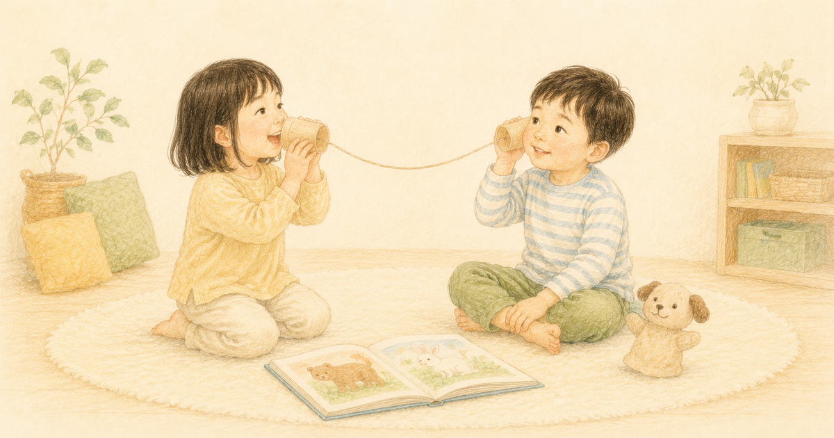 紙コップ電話で言葉のやりとりを楽しむ4～6歳ごろの子ども二人のクレヨン画