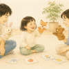 日本語と英語の絵カードや人形を使い、父親と先生と一緒に言葉のやりとりを楽しむ4歳ごろの子どものクレヨン画