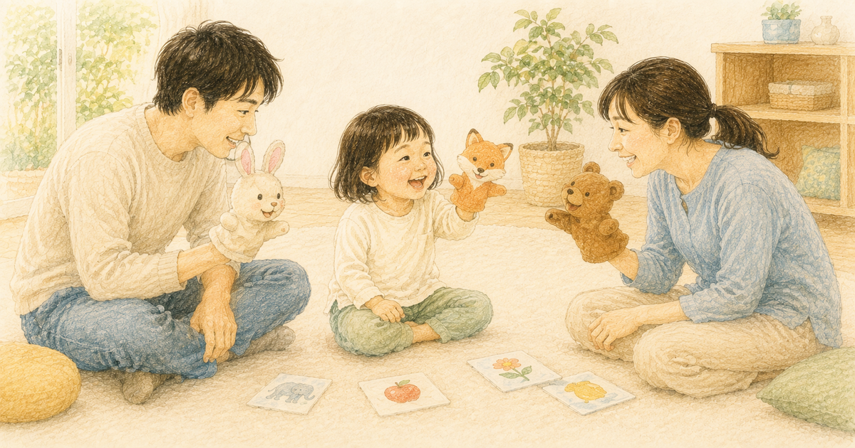 日本語と英語の絵カードや人形を使い、父親と先生と一緒に言葉のやりとりを楽しむ4歳ごろの子どものクレヨン画