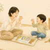 動物の英語絵本を開き、歌いながら同じ手の動きを楽しむ4歳頃の子どもと保護者のクレヨン画