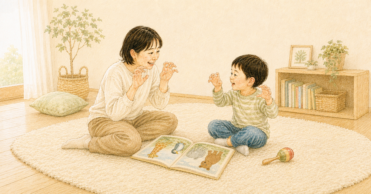 動物の英語絵本を開き、歌いながら同じ手の動きを楽しむ4歳頃の子どもと保護者のクレヨン画