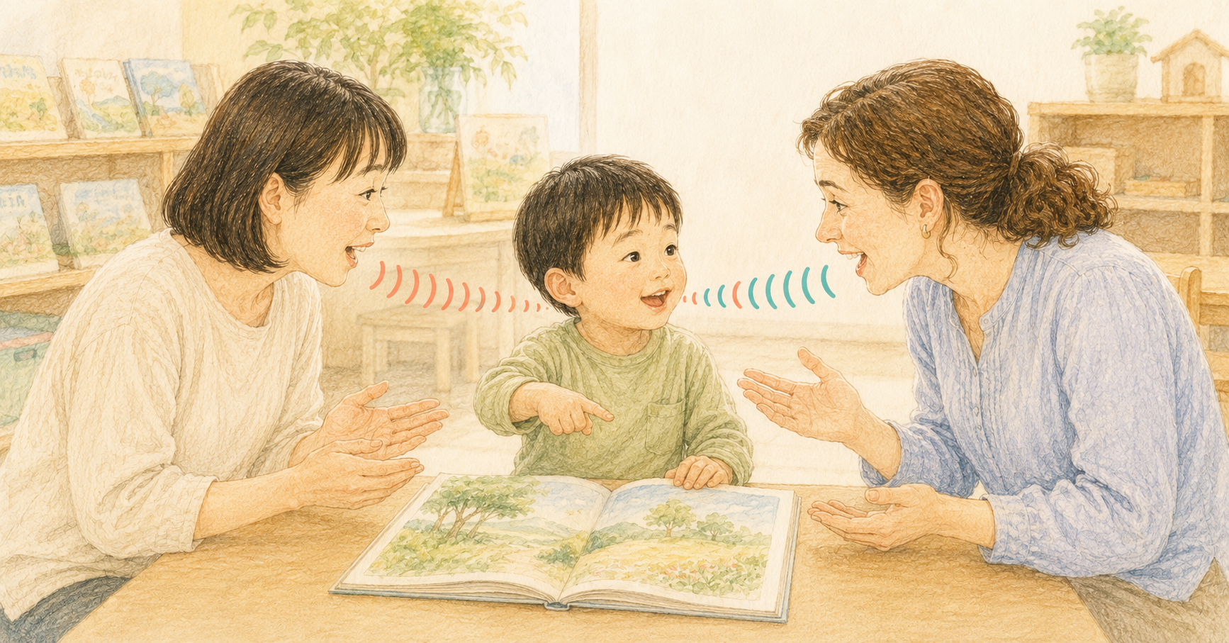 タブレット越しの祖母に赤いりんごを見せ、母親と一緒に言葉のやりとりを楽しむ4～5歳の子どものクレヨン画