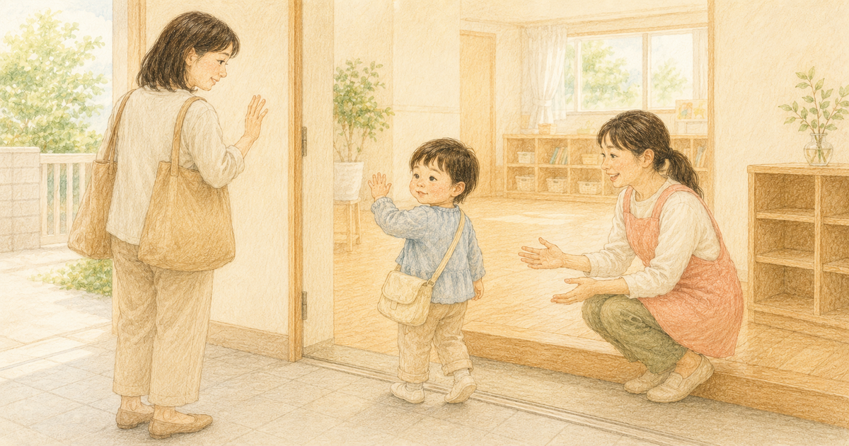 保育園の玄関で保護者に手を振り、保育者に迎えられる3歳ごろの子どものクレヨン画