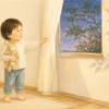 夕方の部屋でカーテンを開き、木の枝と壁の影を見比べる4歳ごろの子どものクレヨン画