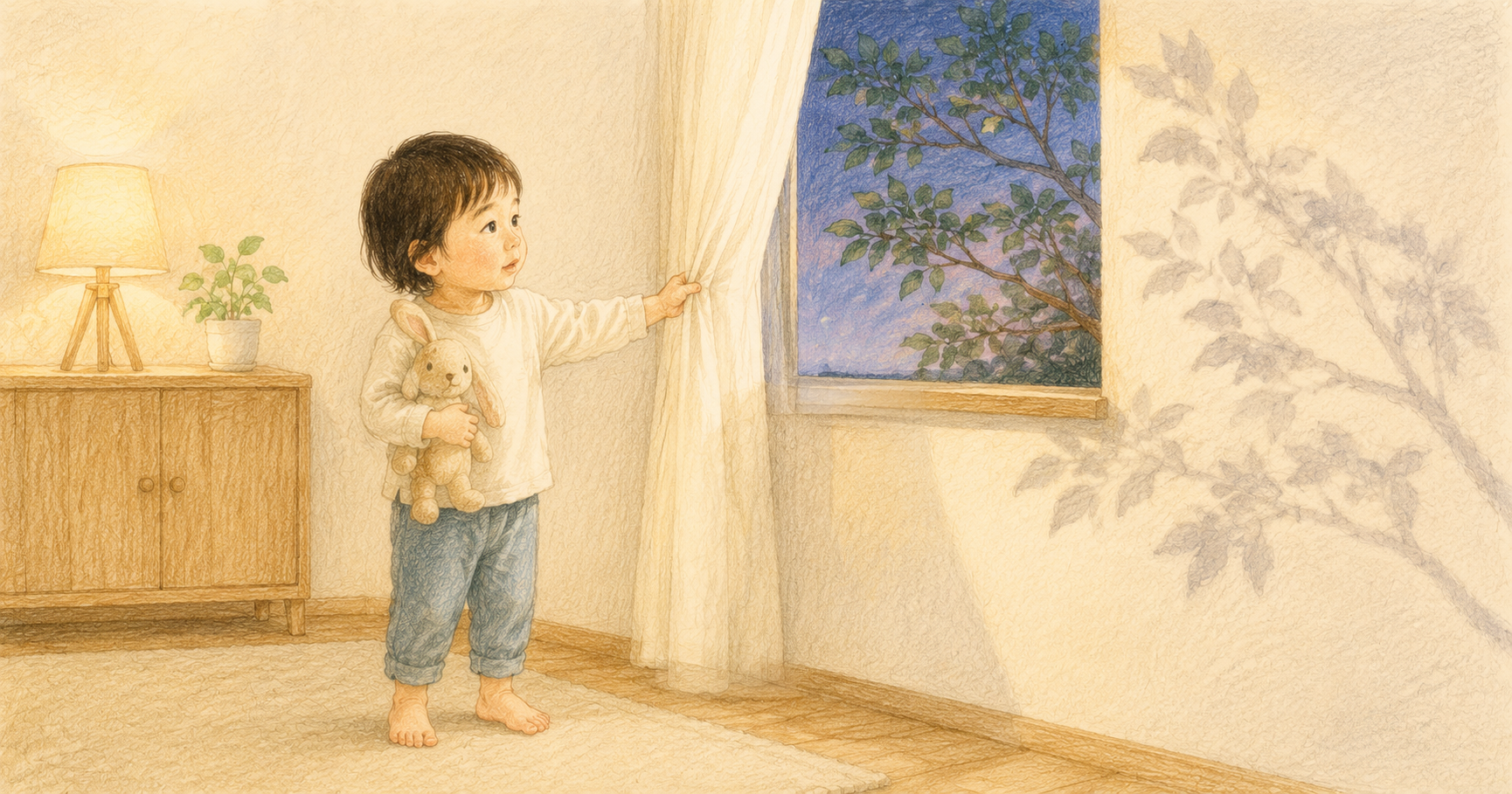 夕方の部屋でカーテンを開き、木の枝と壁の影を見比べる4歳ごろの子どものクレヨン画