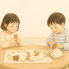 ボードゲームに負けて涙ぐみながら駒を持つ子どもと、静かに駒を片付ける友達のクレヨン画
