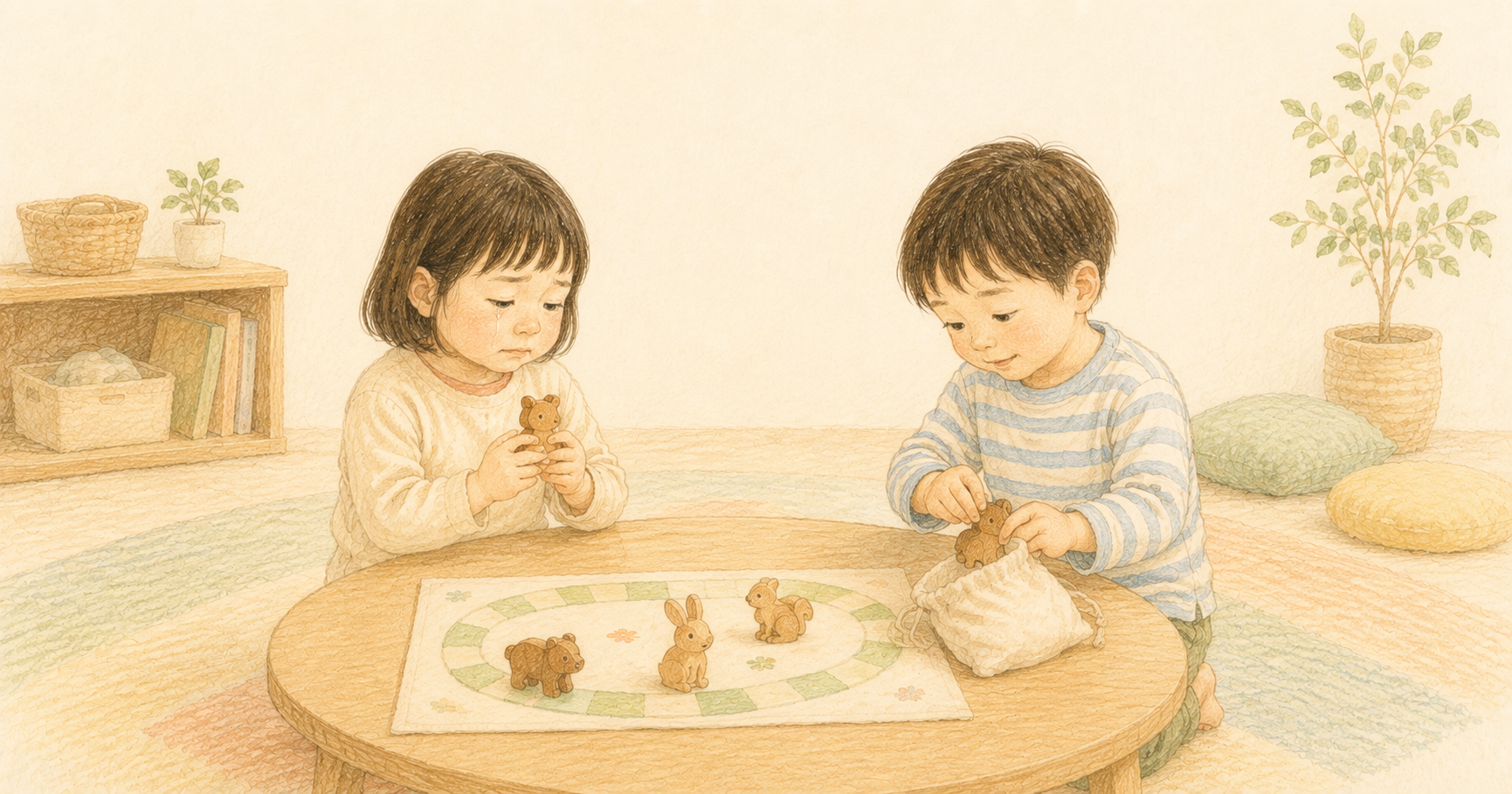 ボードゲームに負けて涙ぐみながら駒を持つ子どもと、静かに駒を片付ける友達のクレヨン画
