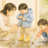 保育所の玄関で保育者が幼児の上着を手伝い、別の幼児が雨上がりのカタツムリに気づくクレヨン画
