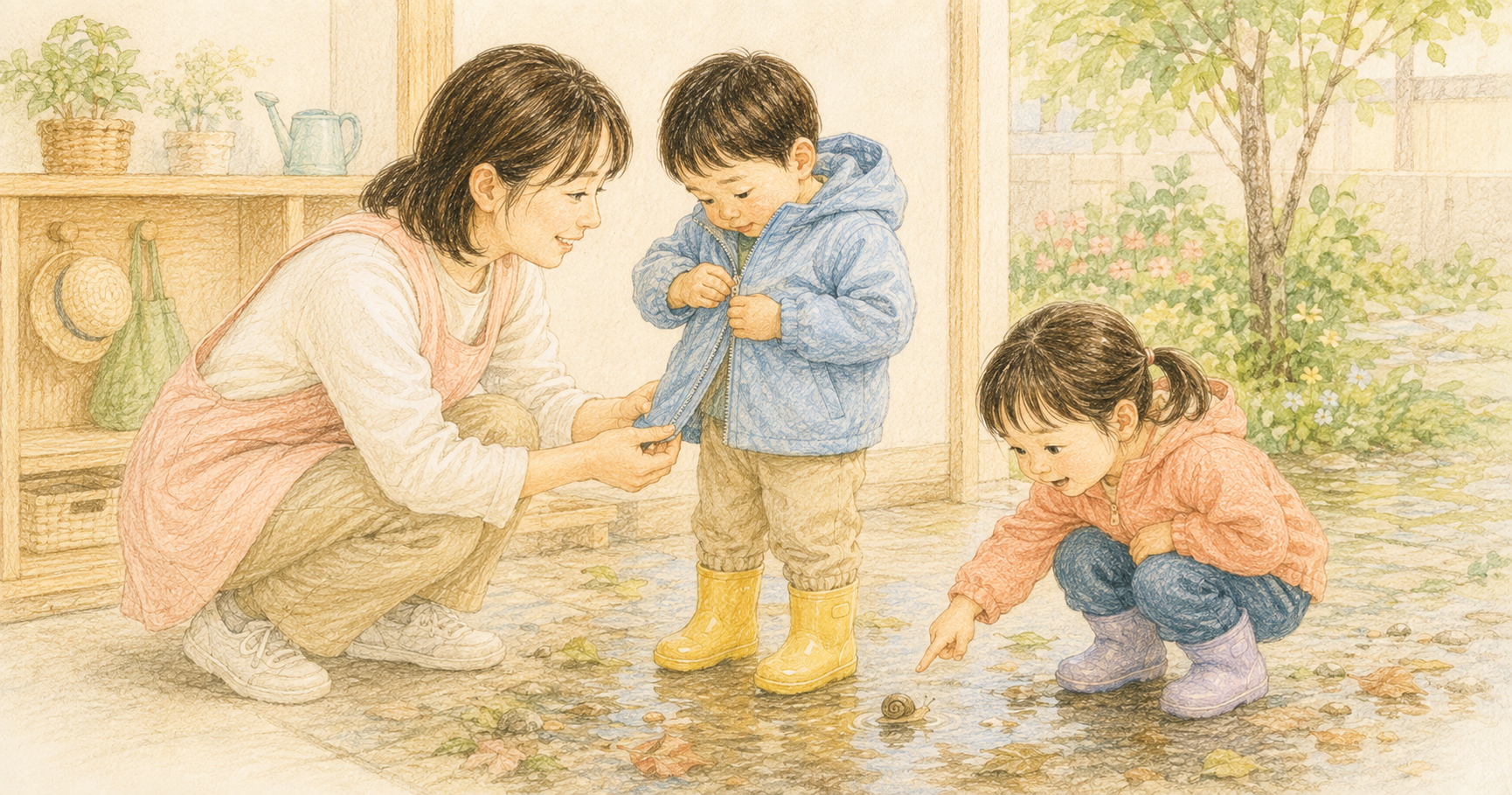 保育所の玄関で保育者が幼児の上着を手伝い、別の幼児が雨上がりのカタツムリに気づくクレヨン画