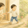 玄関先で保護者の手に触れて安心を確かめ、花の咲く庭へ一歩踏み出す幼い子どものクレヨン画