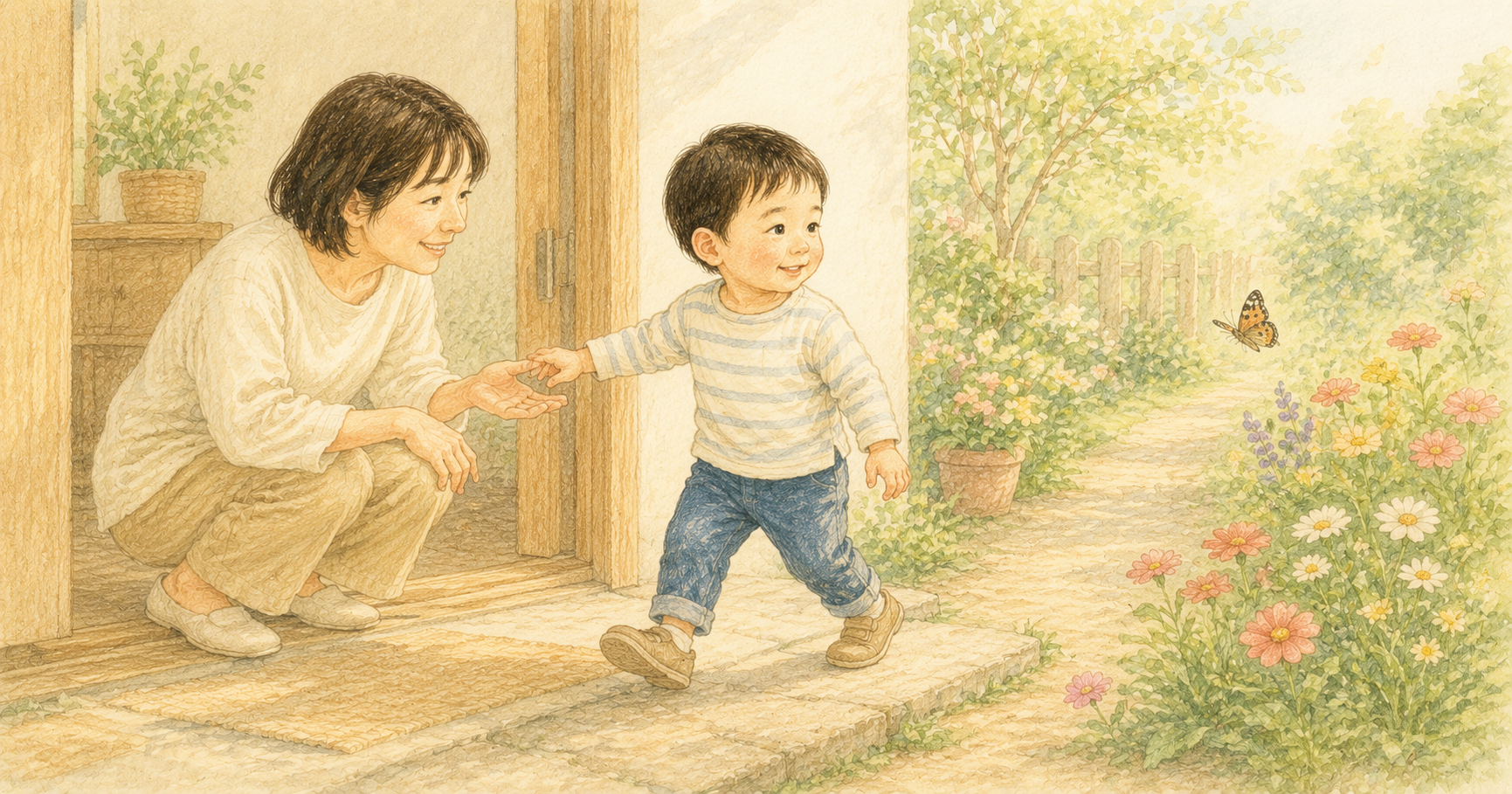 玄関先で保護者の手に触れて安心を確かめ、花の咲く庭へ一歩踏み出す幼い子どものクレヨン画