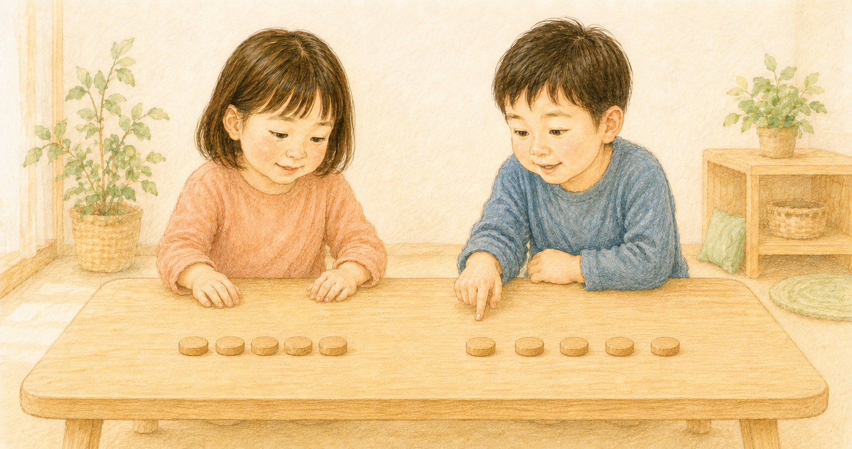 同じ数の木製チップを異なる間隔で並べ、見比べながら考える幼児2人のクレヨン画