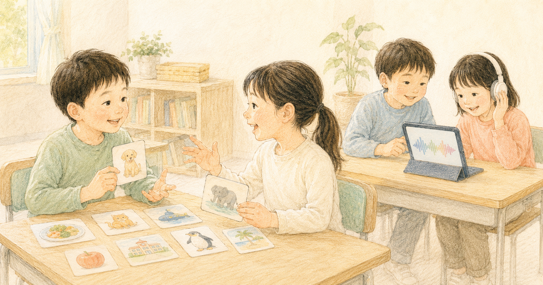 絵カードを使って英語で伝え合い、タブレットで音声を聞き直す小学生4人のクレヨン画