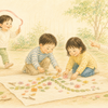 園庭でリボンを風になびかせ、落ち葉や花を並べながら友達と遊ぶ幼児たちのクレヨン画