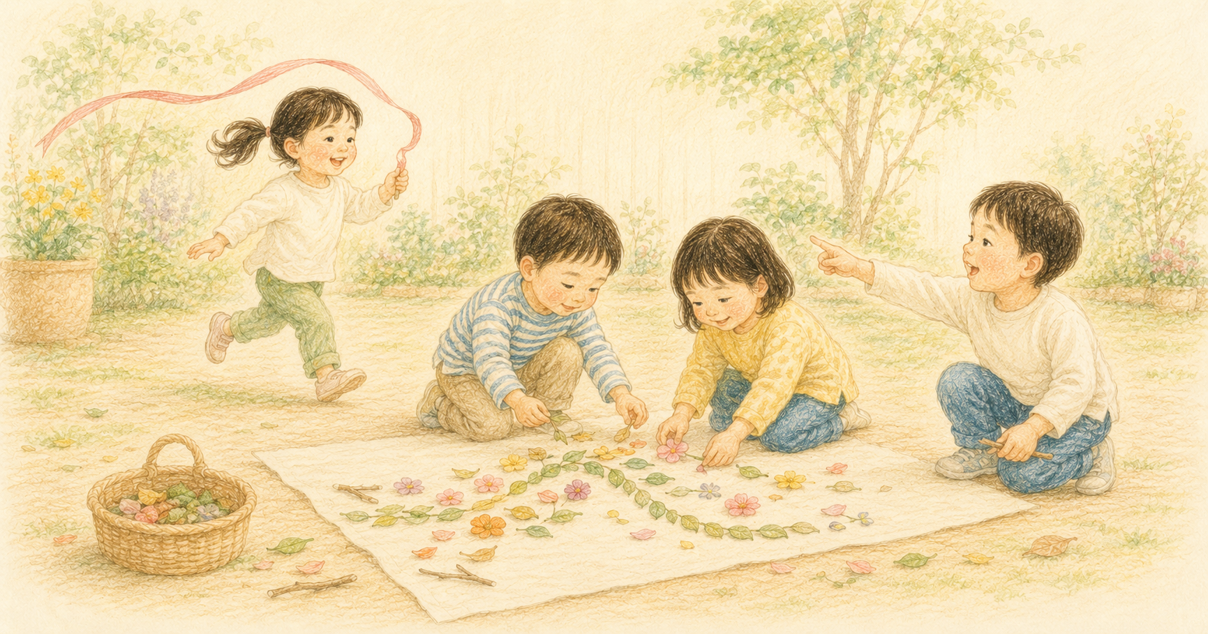 園庭でリボンを風になびかせ、落ち葉や花を並べながら友達と遊ぶ幼児たちのクレヨン画